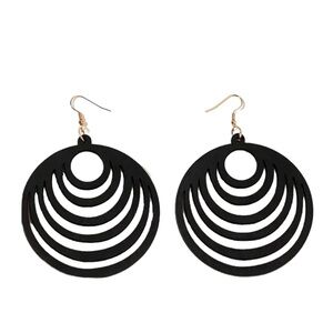 Boho Oversized Black Round Cut Wood Drop Style Earrings